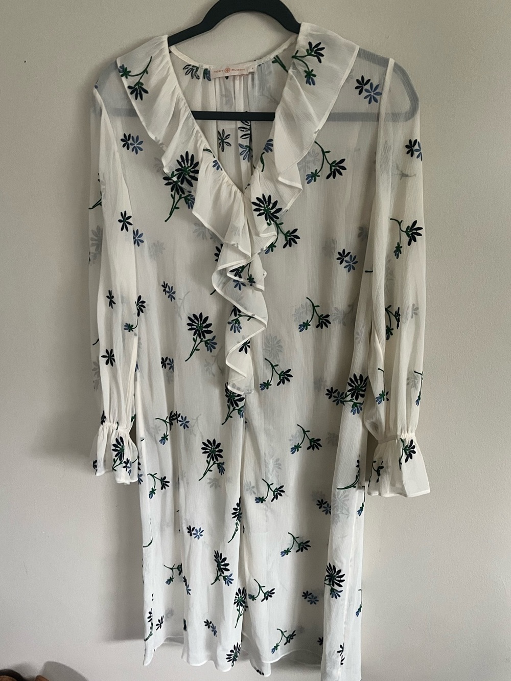 Tory Burch White Floral Ruffle Front Long-Sleeve Dress embroidered